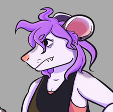 A possum furry side profile with purple undertones and vibrant purple hair, as well as a salmon colored nose.